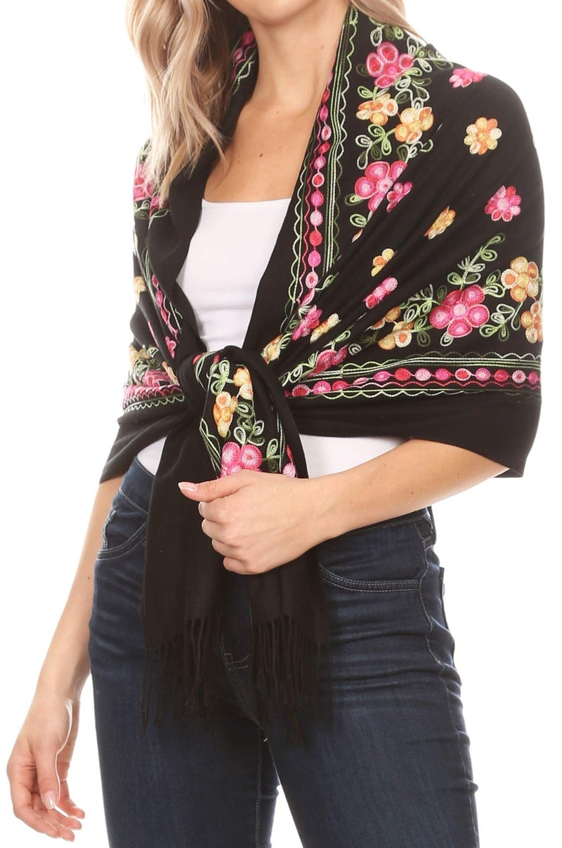 Sakkas Ginata Women's Large Casual Super Soft Embroidery Scarf Shawl Wrap Stole - Pink Yellow - OS - Image 1